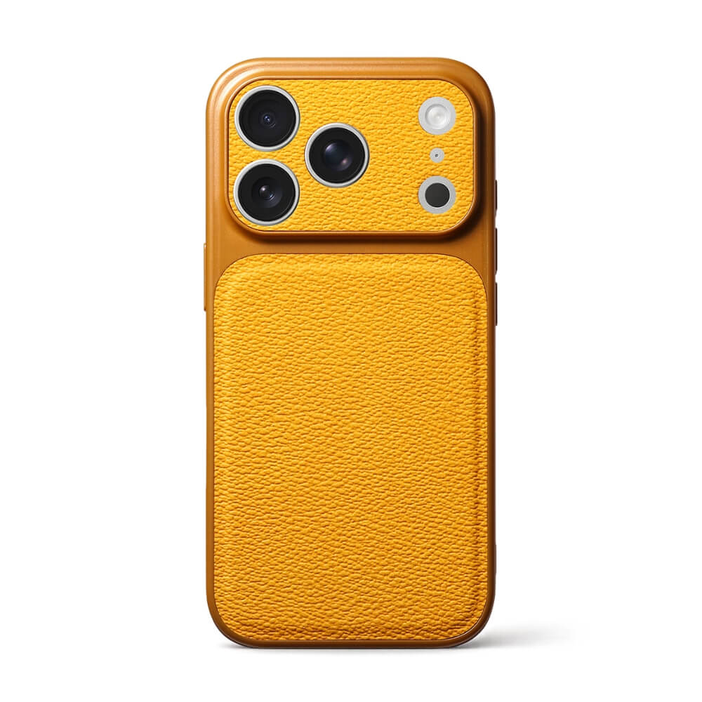 An ochre iPhone case featuring a distinct pebbled leather texture and precise cutouts for three camera lenses a flash and a LiDAR sensor