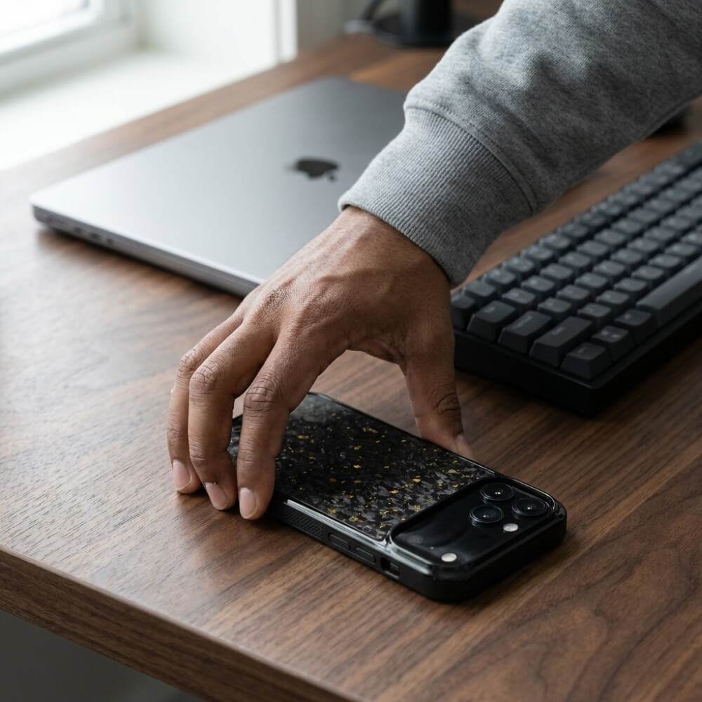 A dark-skinned hand in a grey sweatshirt sleeve reaching for a black iPhone with a black and gold speckled case on a wooden desk alongside a silver MacBook and a black mechanical keyboard