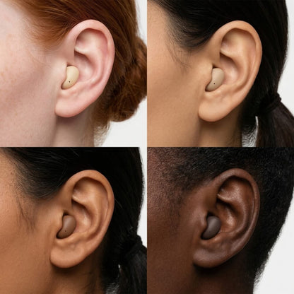 ViSound™ Air ultra-light earbuds in skin tones, shown in four ear close-ups on diverse skin tones.