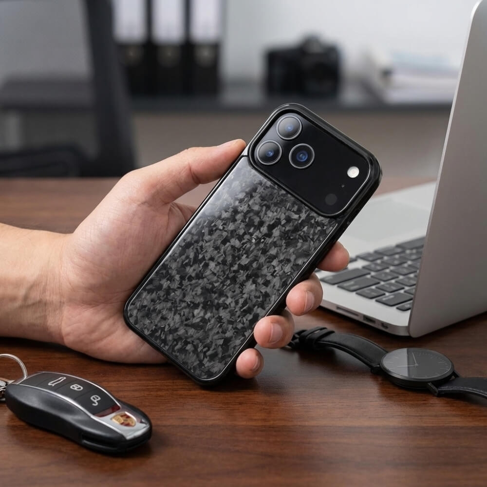 A hand holds an iPhone in a textured black and grey forged carbon fiber case with triple cameras on a warm wooden office desk featuring a Porsche car key fob and a minimalist black wristwatch with a silver laptop nearby