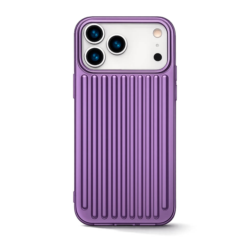 Digital photograph of a vibrant purple iPhone case with a vertical ribbed texture and a white camera island housing three lenses and a flash