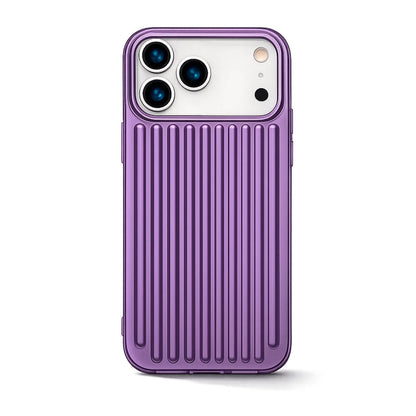 Digital photograph of a vibrant purple iPhone case with a vertical ribbed texture and a white camera island housing three lenses and a flash