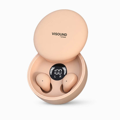ViSound™ Air ultra-light earbuds in a soft peach charging case with a digital battery display.