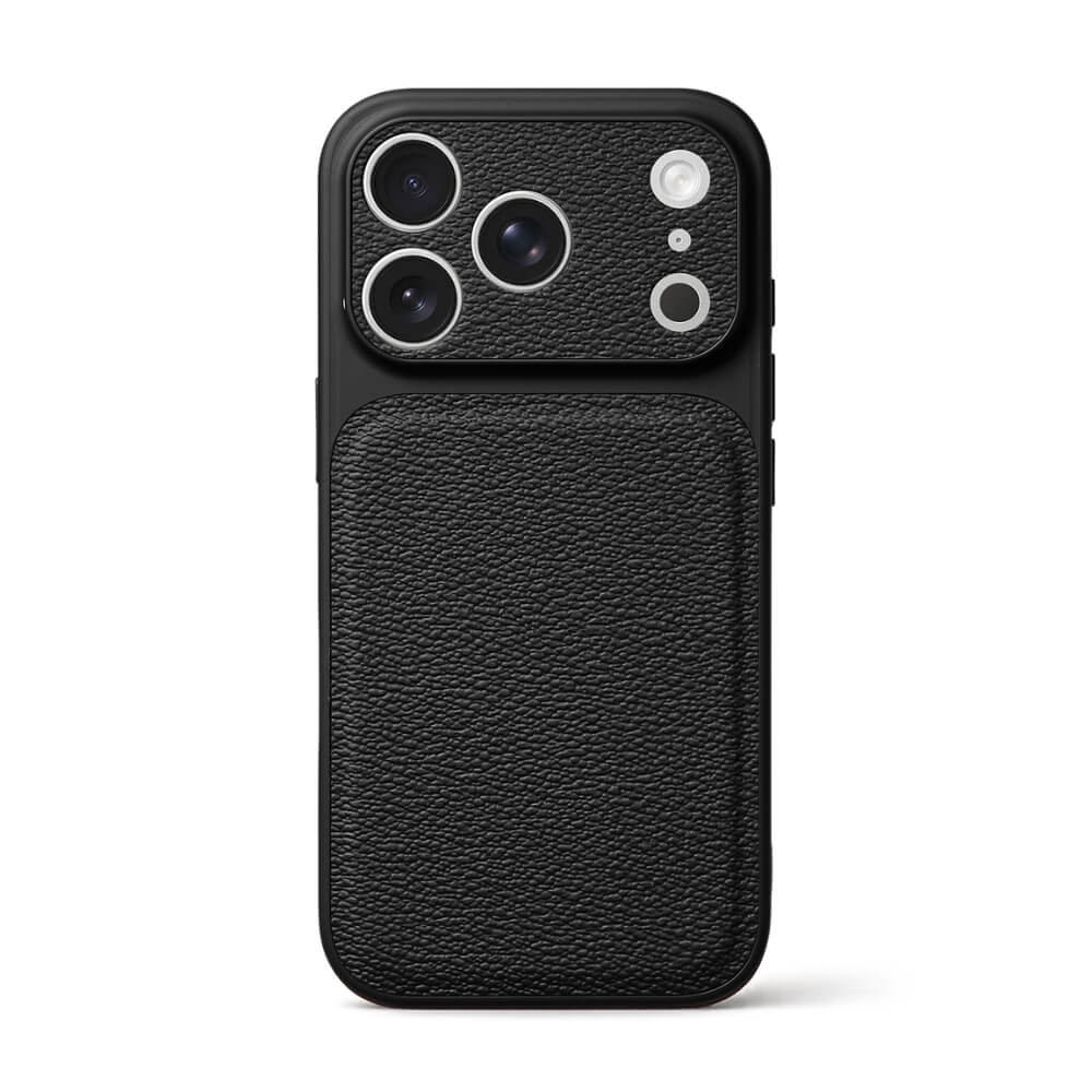 Black iPhone case with a textured pebbled leather back and a smooth top section featuring three prominent silver-ringed camera lens cutouts and a smaller flash cutout