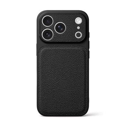 Black iPhone case with a textured pebbled leather back and a smooth top section featuring three prominent silver-ringed camera lens cutouts and a smaller flash cutout