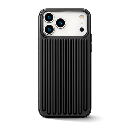 Black iPhone case with a vertical ribbed texture prominently displaying cutouts for its triple camera system