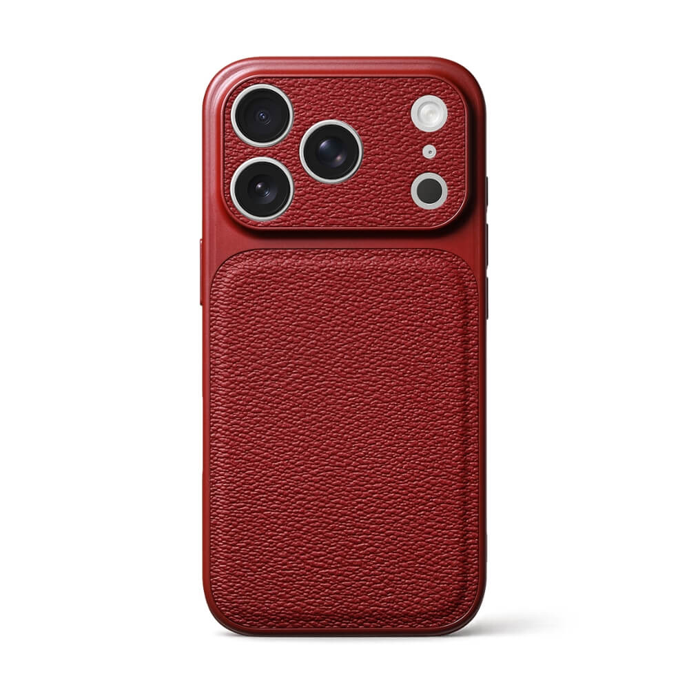 A dark red iPhone case featuring a distinct pebbled leather texture on the lower half and a smooth top section around the triple camera array and flash on a white background