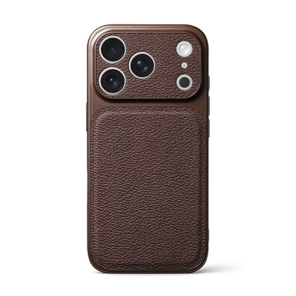 Close-up photograph of a dark brown pebbled leather smartphone case featuring a prominent rectangular camera bump with three lenses and a flash cutout
