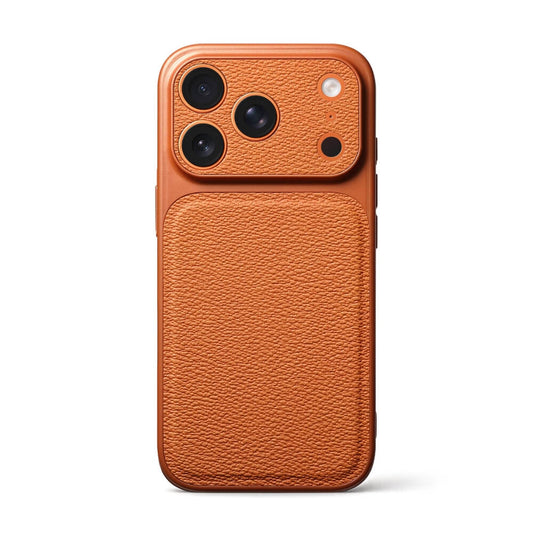 Warm orange smartphone case with a distinct pebbled leather texture featuring a recessed camera module with three lens cutouts, a flash, and a sensor