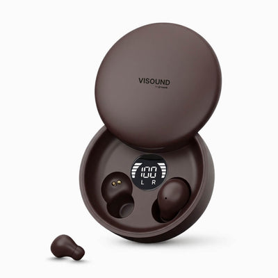 ViSound™ Air ultra-light earbuds in deep espresso color, displayed in a charging case with one earbud outside.