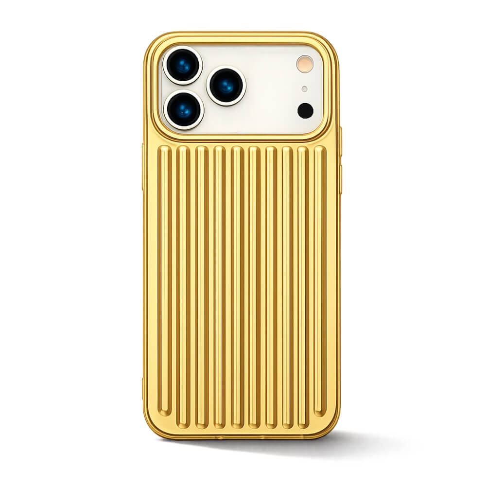A luxurious gold metallic iPhone case featuring a distinctive vertical ribbed design and precise cutouts for its triple camera system