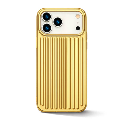 A luxurious gold metallic iPhone case featuring a distinctive vertical ribbed design and precise cutouts for its triple camera system