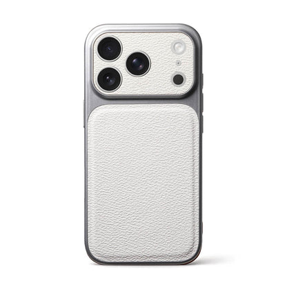 Back view of a sleek grey iPhone case featuring a distinct white pebbled leather texture on its main panel and a prominent triple lens camera system with flash