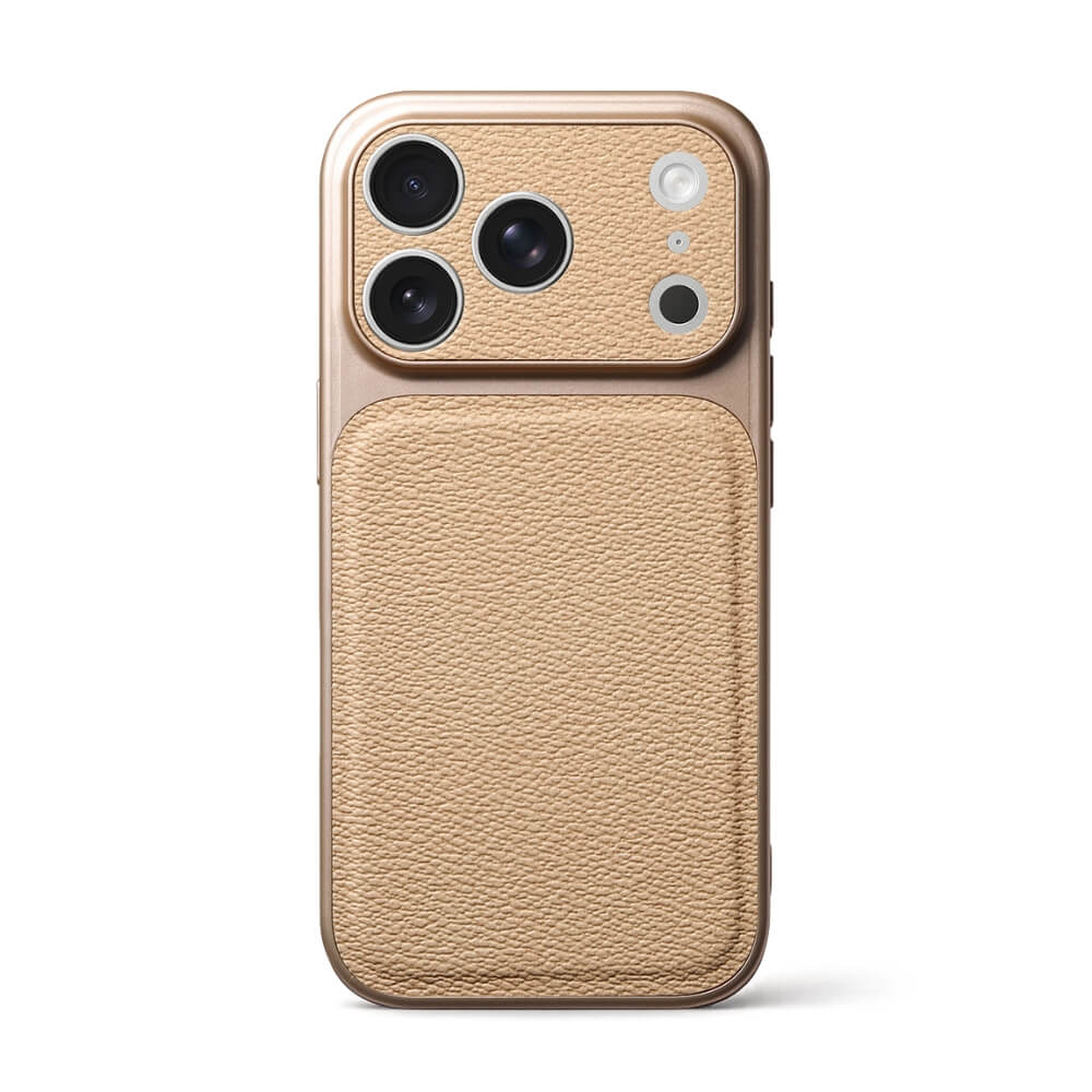 A gold iPhone case featuring a textured pebbled leather back panel with a cutout for its triple camera system and flash isolated on a white background