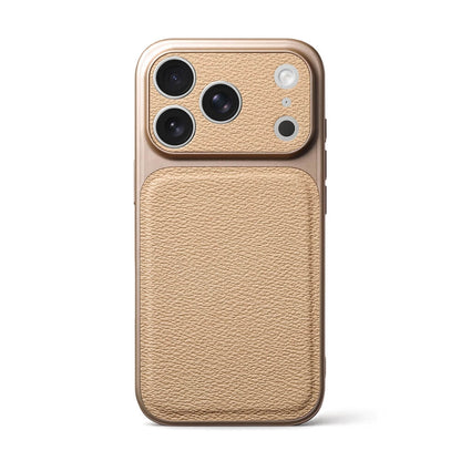A gold iPhone case featuring a textured pebbled leather back panel with a cutout for its triple camera system and flash isolated on a white background