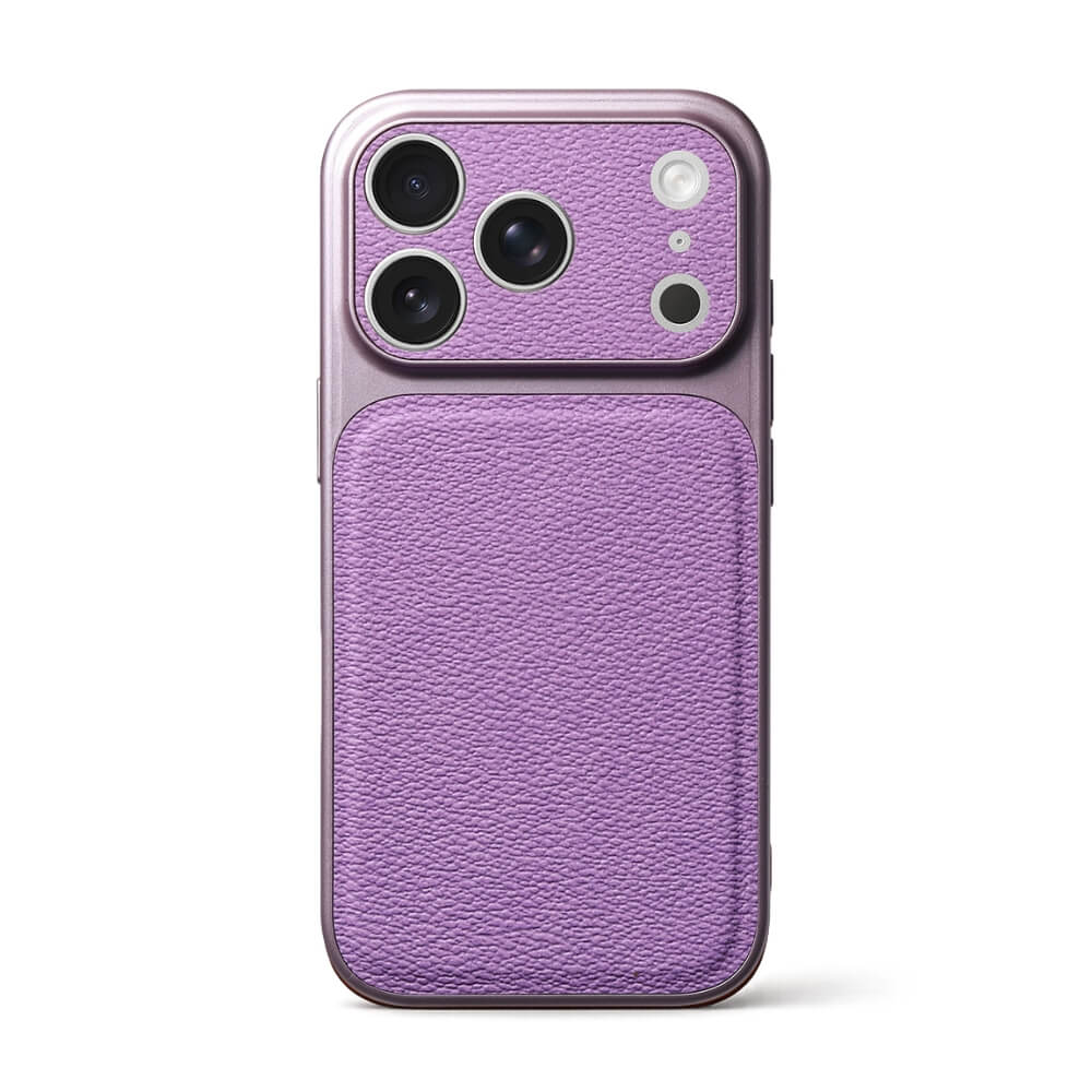 Purple pebbled leather iPhone case featuring a raised metallic frame around its triple camera module and flash, presented on a stark white background