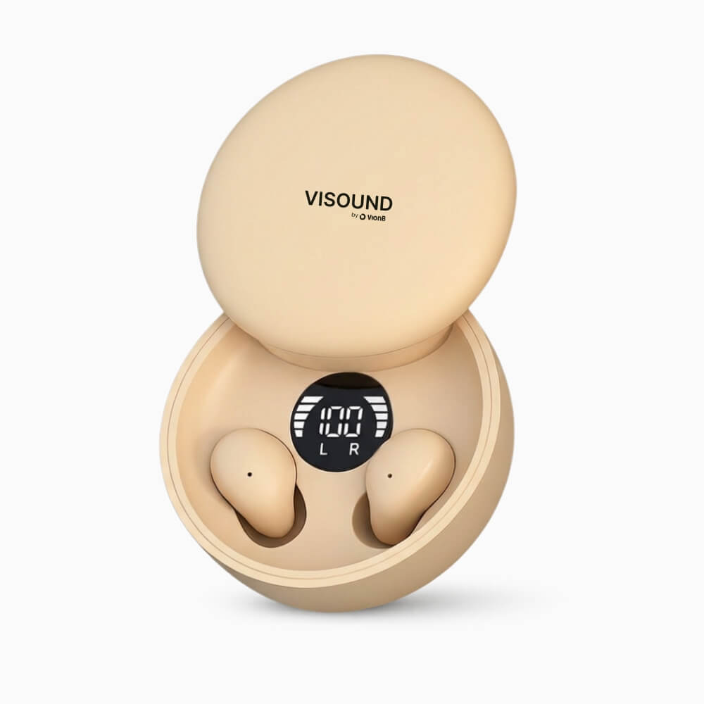 ViSound™ Air ultra-light earbuds in light bisque color, displayed inside a round charging case with a digital battery indi...