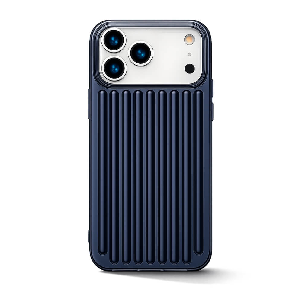 Product photography of a dark blue iPhone case featuring a prominent vertical ribbed texture and a precision cutout for the triple camera system