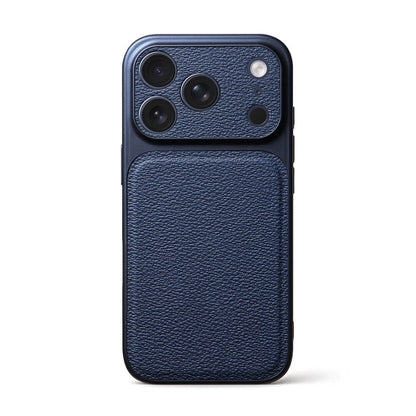 Product image of a dark blue smartphone case featuring a pebbled leather texture on its lower section and precise cutouts for three camera lenses and a flash module