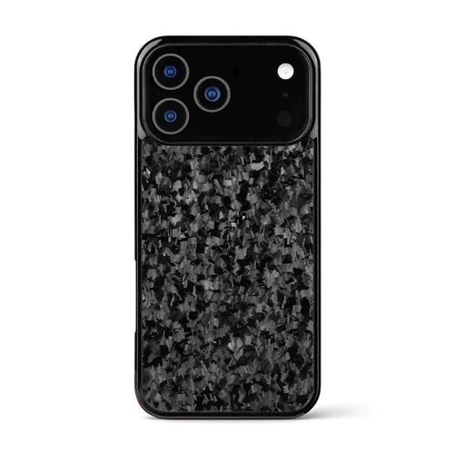 Back of an iPhone featuring a black forged carbon fiber protective case with a visible triple camera system and flash module