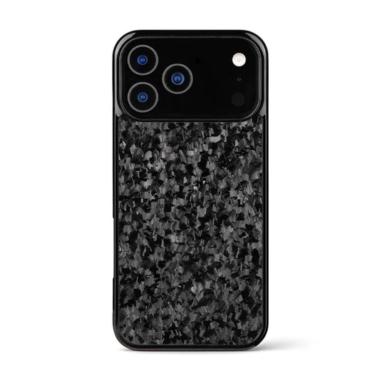 Back of an iPhone featuring a black forged carbon fiber protective case with a visible triple camera system and flash module