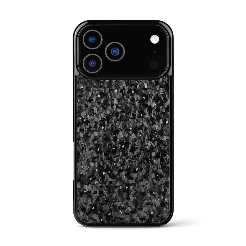 Black iPhone 15 Pro Max phone case featuring a unique forged carbon fiber texture with shimmering reflective shards and a prominent triple camera lens cutout