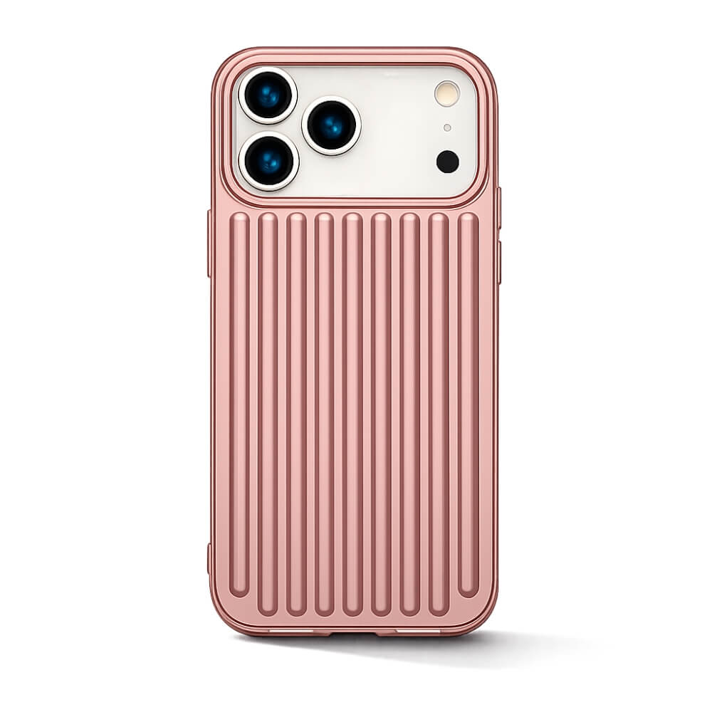Rose gold iPhone case featuring a distinct vertical ribbed texture and precise cutouts for its three-lens camera system