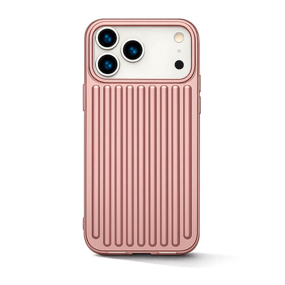 Rose gold iPhone case featuring a distinct vertical ribbed texture and precise cutouts for its three-lens camera system