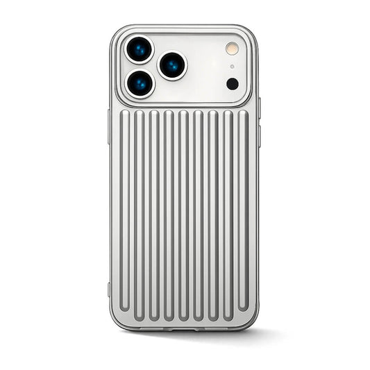 Product photo of a silver iPhone case featuring a ribbed vertical corrugated design and a large cutout for the triple camera system on a white background