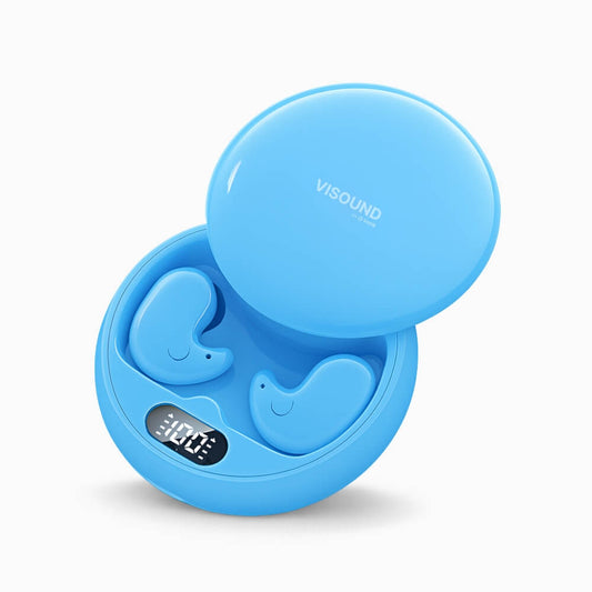 Product photograph of bright blue Visound wireless earbuds and their charging case, featuring a digital 100% battery display, distinct smiley face design on each earbud, and "Visound by O Vone" branding on the lid