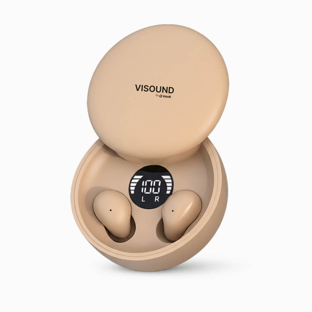 ViSound™ Air ultra-light earbuds in soft sand color, displayed inside a round charging case with digital battery indicator.