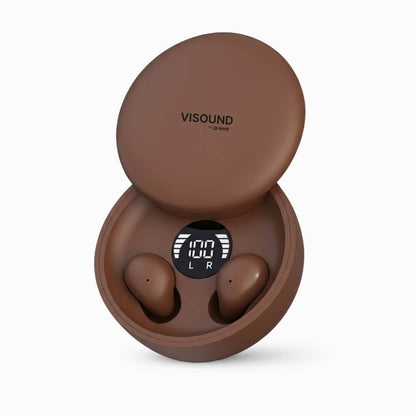 ViSound™ Air ultra-light earbuds in warm cocoa color inside a charging case with a digital display.