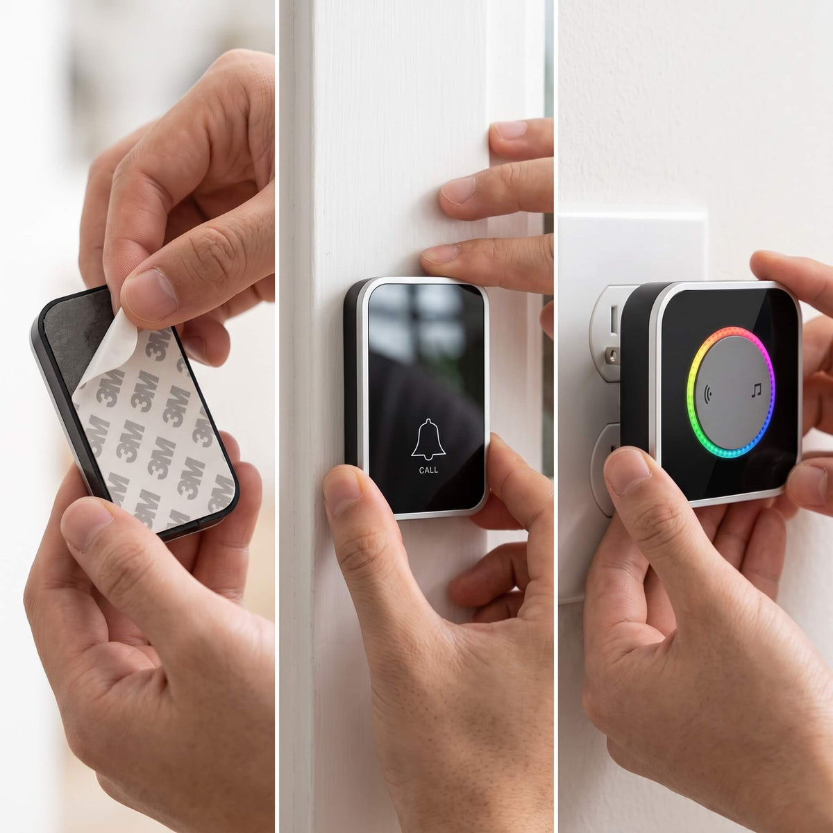 Three steps: peeling the adhesive pad, pressing the button onto a door frame, and plugging the chime into a wall outlet.