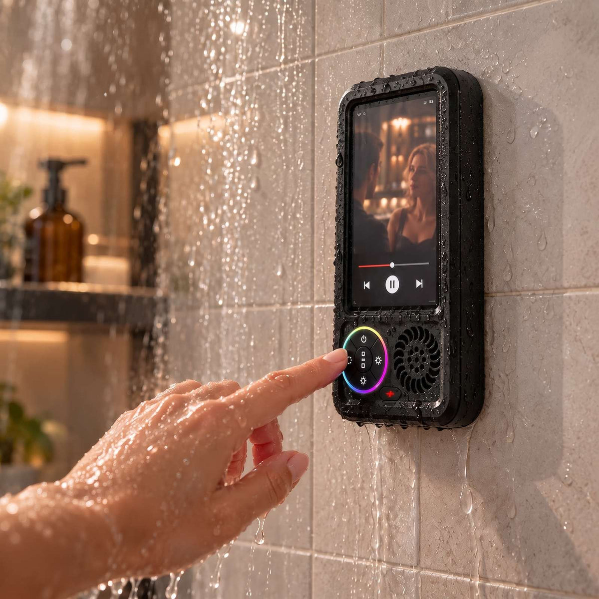 A wet hand tapping the control ring in the shower