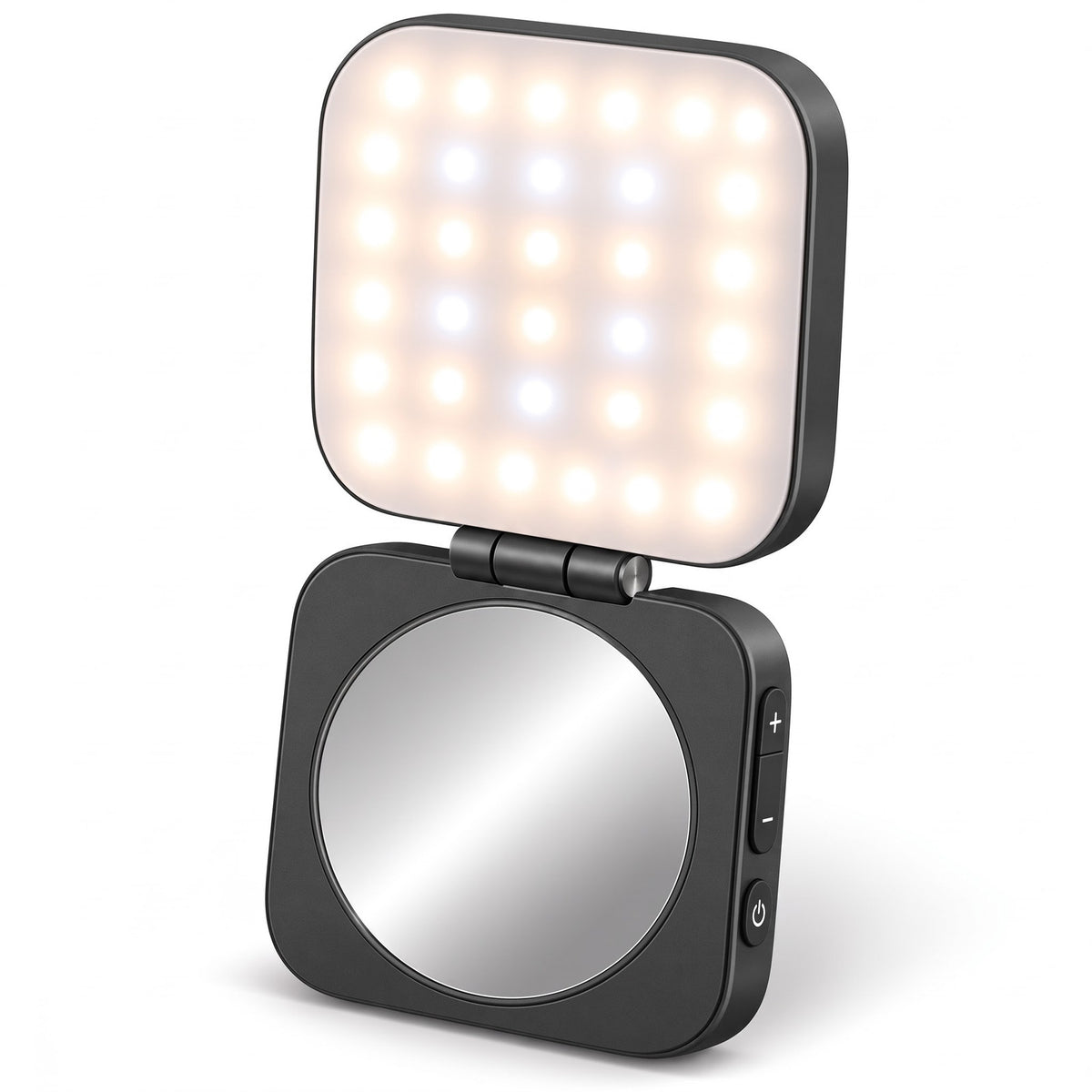 Studio - Magnetic Selfie Light, Black, open with the light on above the mirror