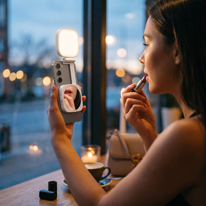A woman checks her lipstick in the Studio mirror on the back of her phone at a cafe window